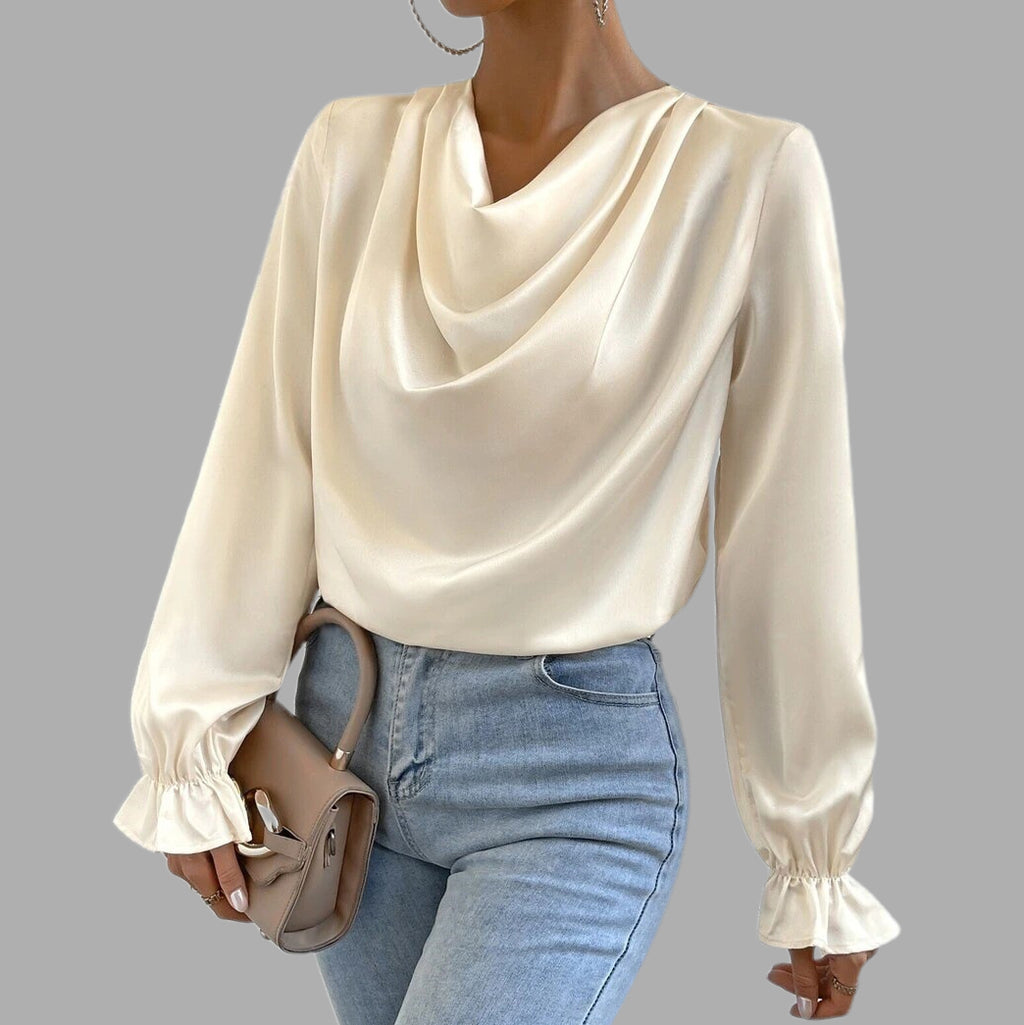 Women's Cowl Neck Ruffled Cuff Satin Blouse