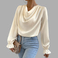 Women's Cowl Neck Ruffled Cuff Satin Blouse