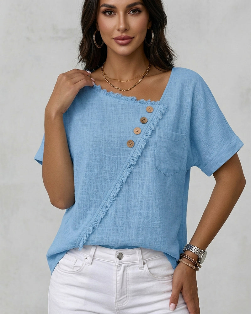 Raw edge button blouse, back view