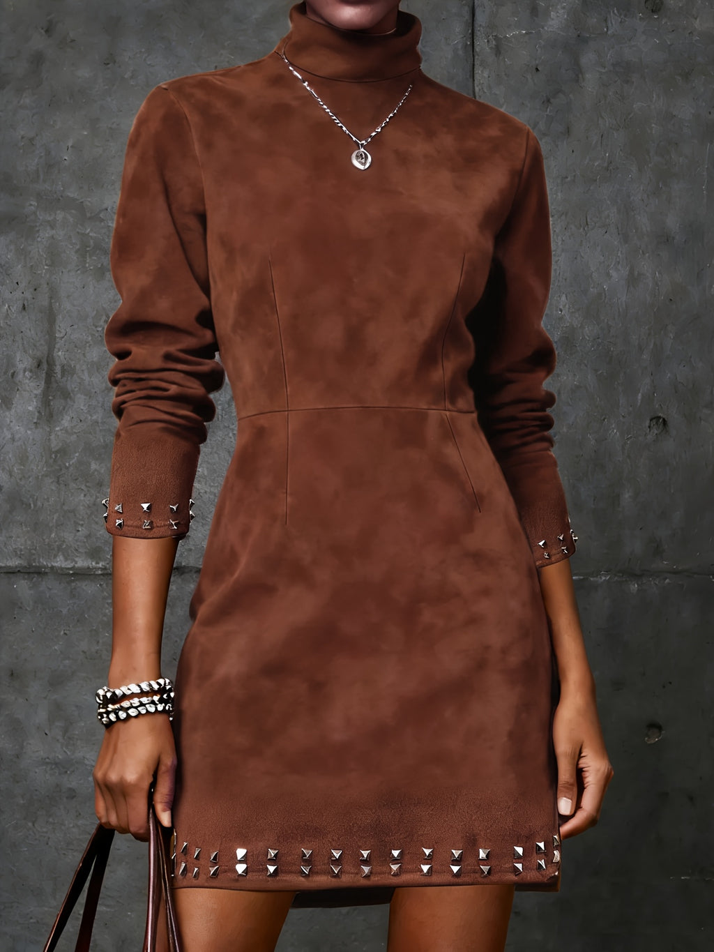 Bronze studded high-neck mini dress, front view