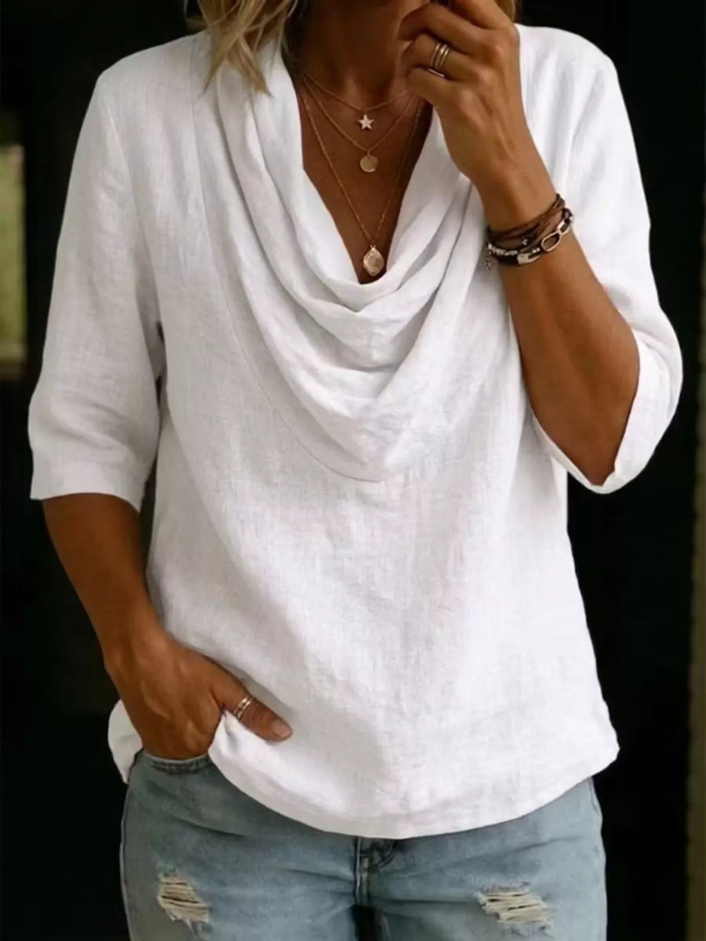 White cowl neck 3/4 sleeve top, front view