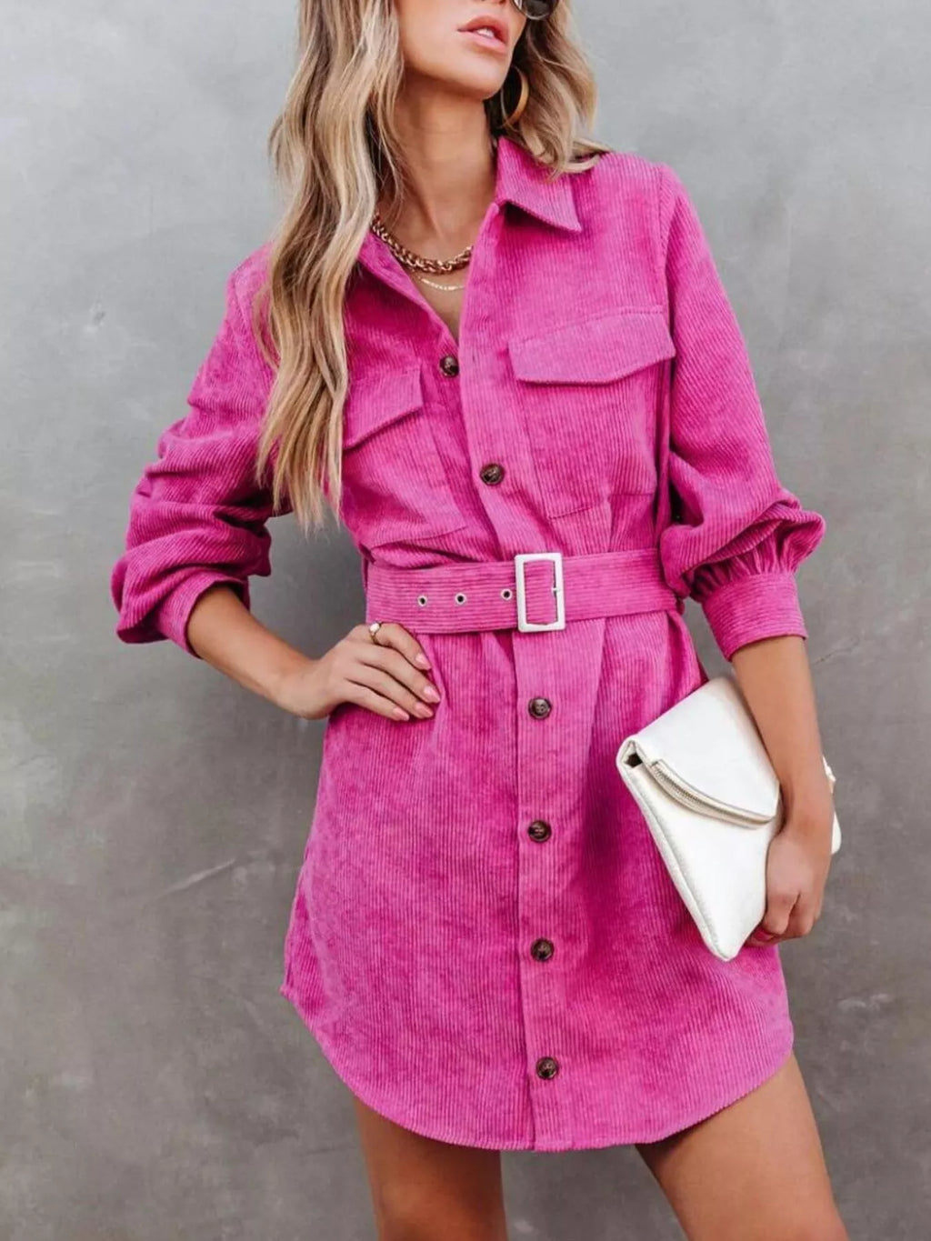 Rose Red Corduroy Shirt Shirt Dress, front view