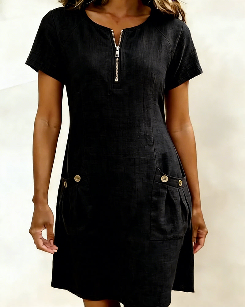Round Neck Short Sleeve Pocket Zip Cotton Linen Dress