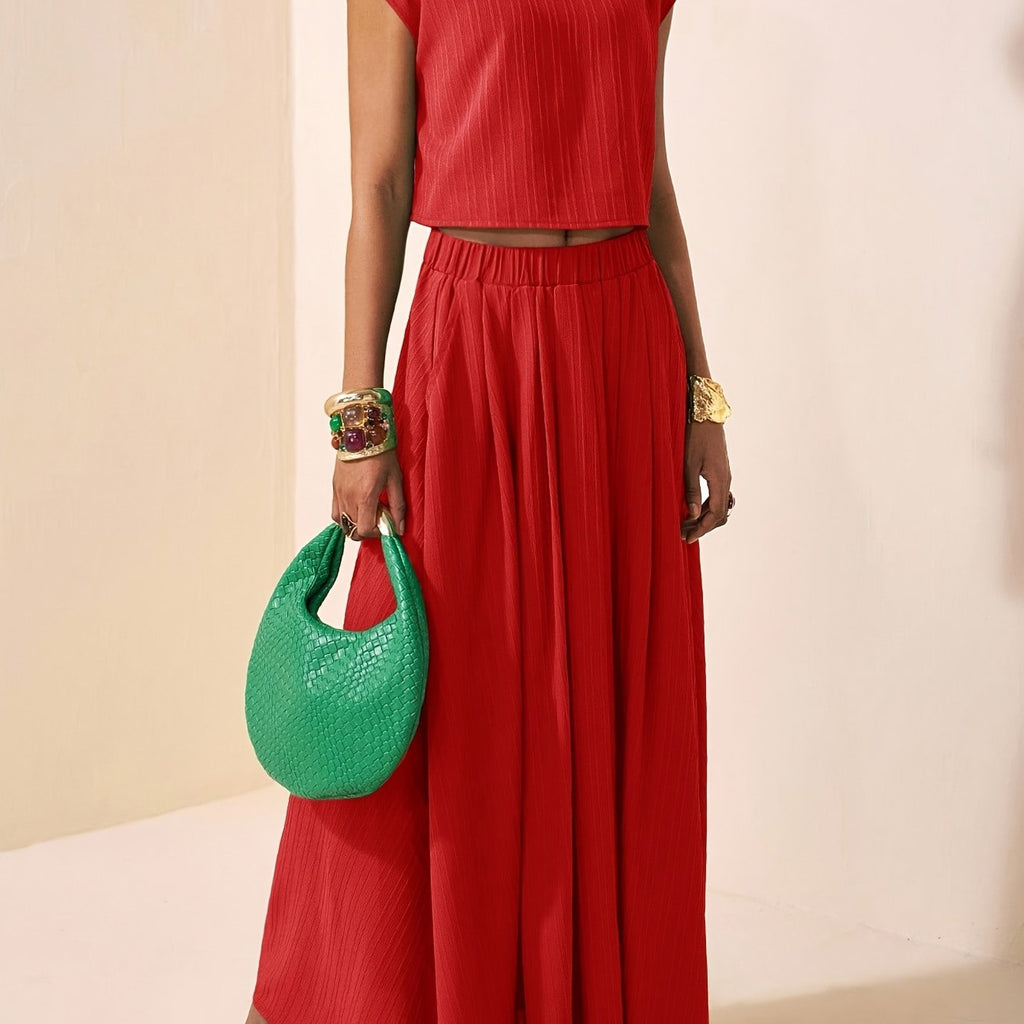 Striped Short Sleeve Top & Pleated Maxi Skirt Co-ord Set