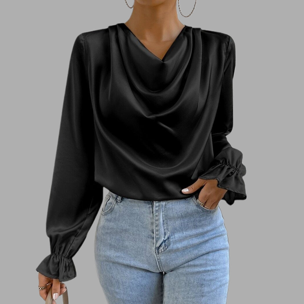 Women's Cowl Neck Ruffled Cuff Satin Blouse