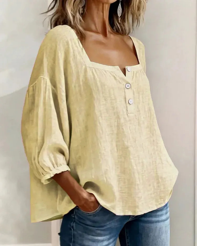 Square neck shirt close-up fabric detail, soft breathable fabric | Alba Muse