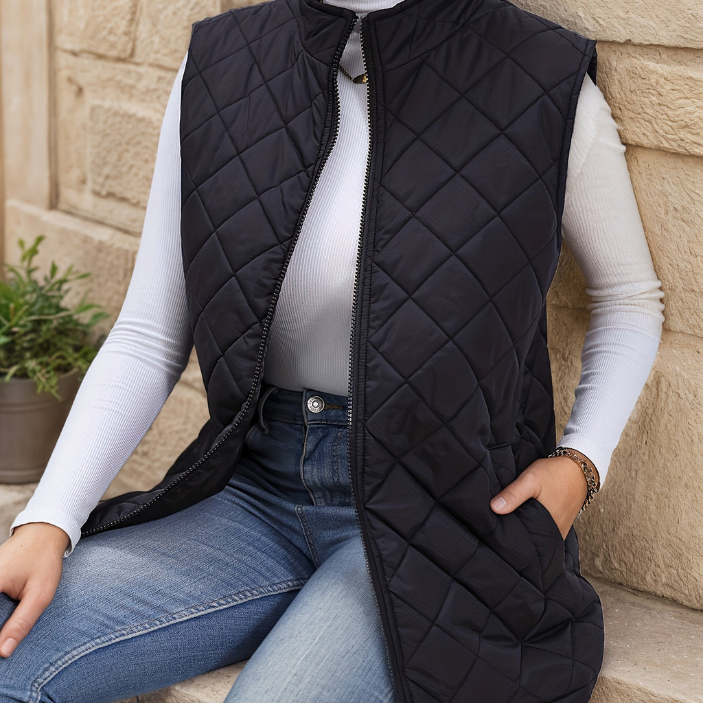 Black diamond-quilted longline Jacket, front view
