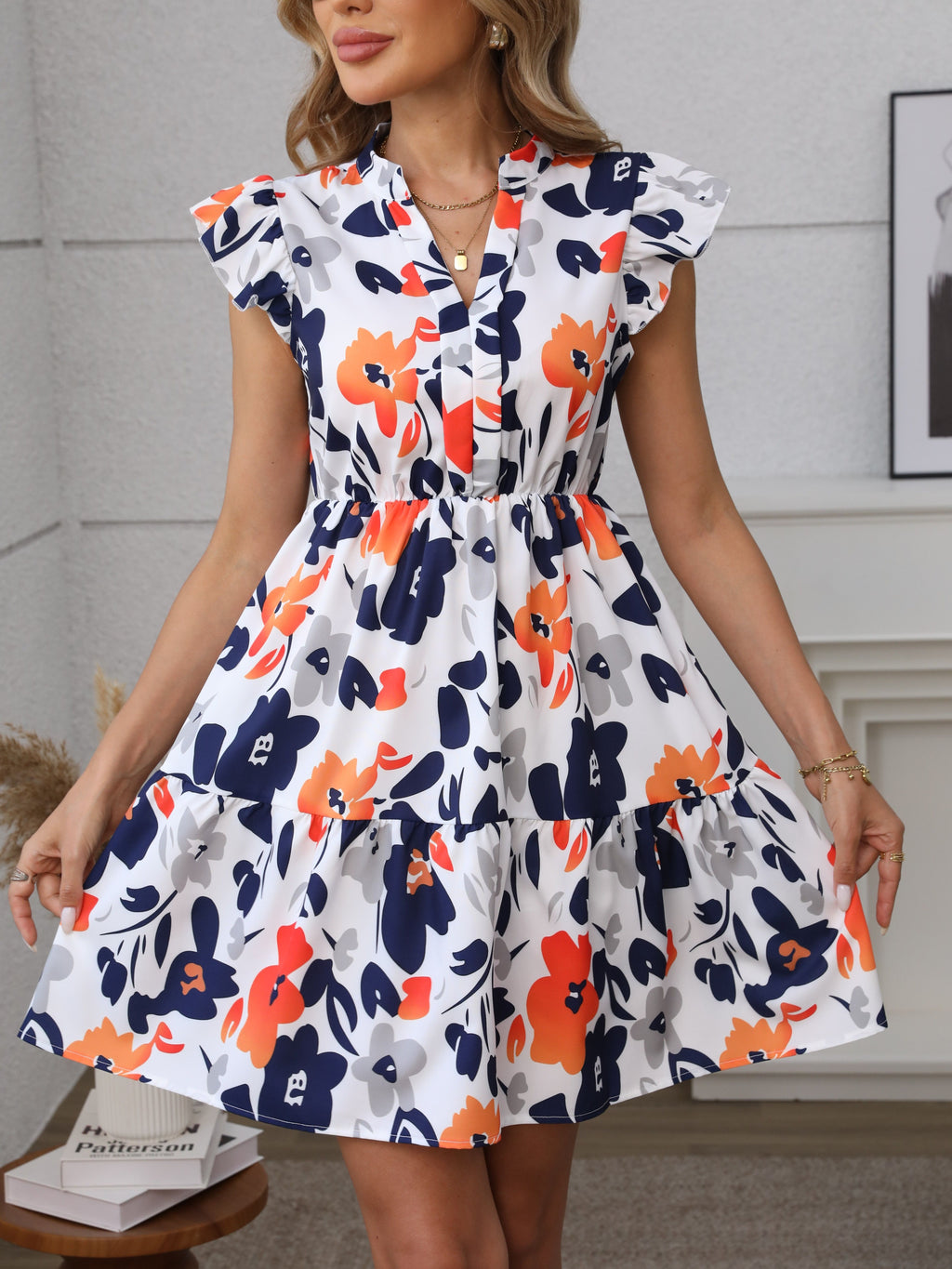 Floral print ruffle hem notched collar mini dress | Alba Muse