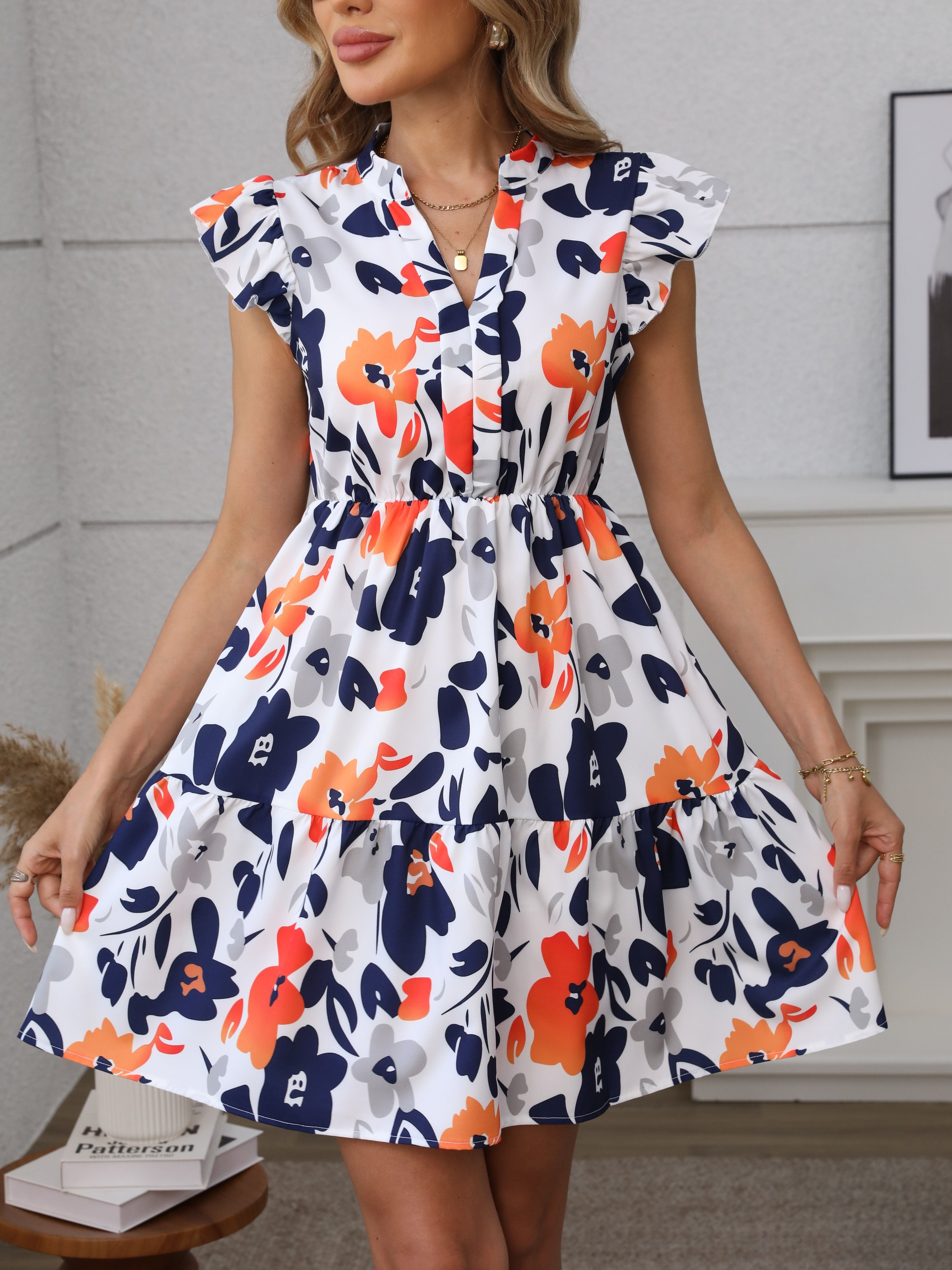 Floral print ruffle hem notched collar mini dress | Alba Muse