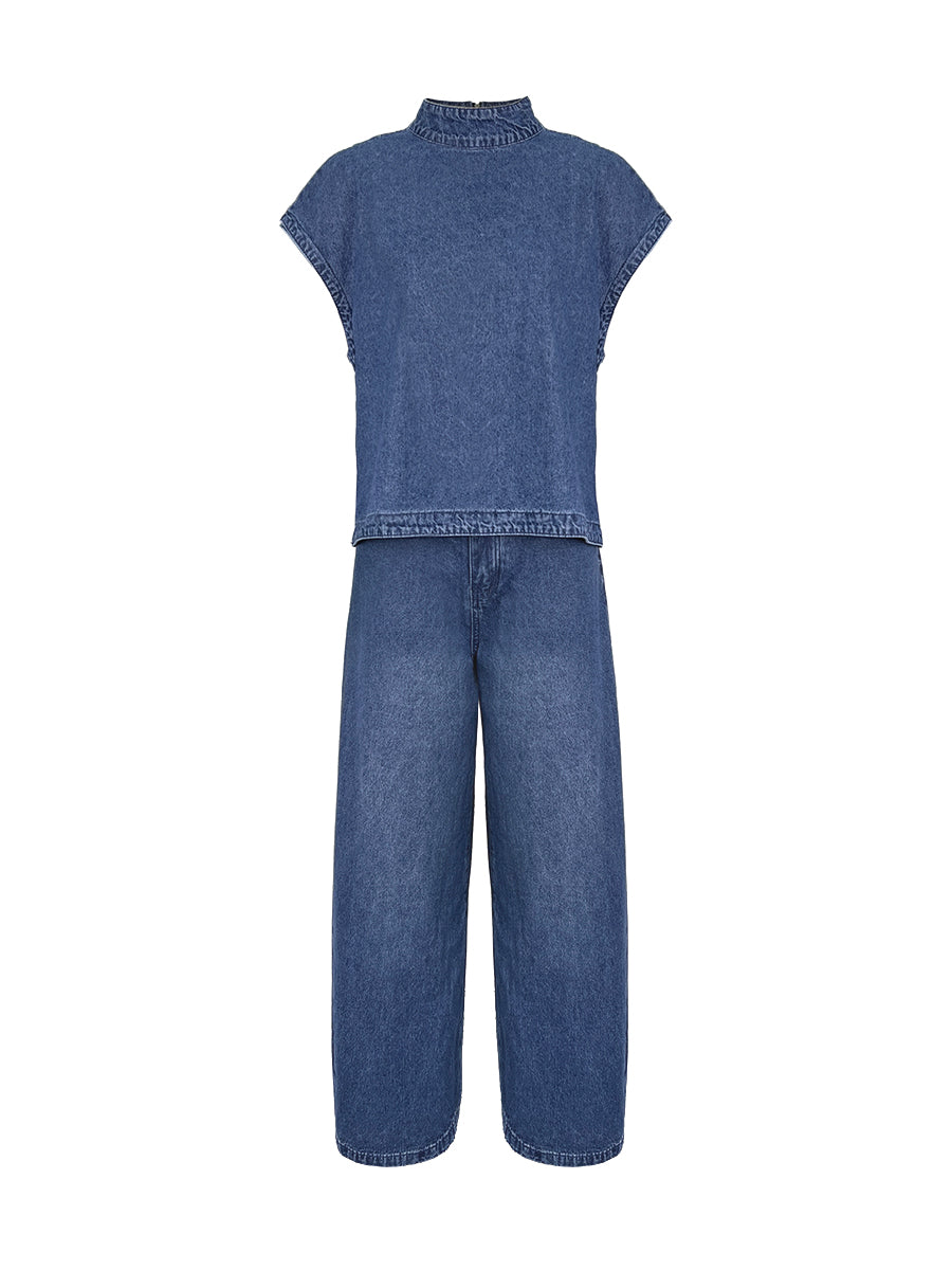 Denim Mock Neck Vest Top & Wide-Leg Jeans Co-ord Set