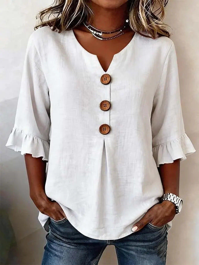Women's Stefania ruffle button blouse in white, front view