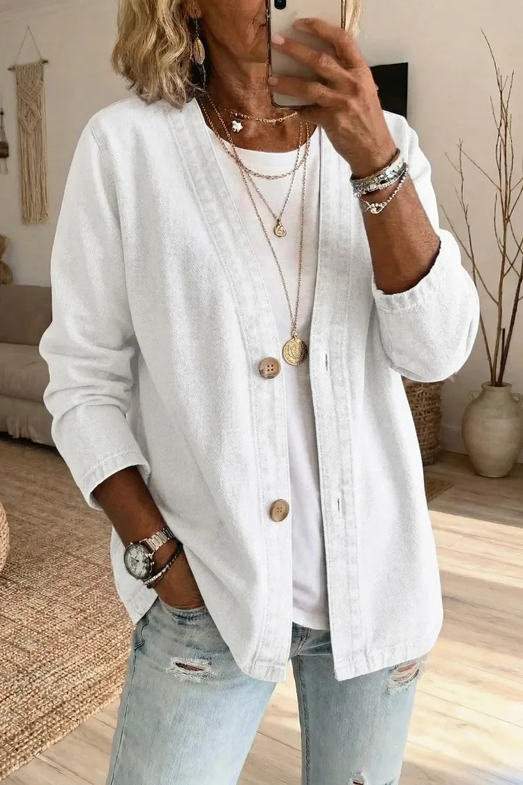 Denim cardigan in dark blue, easy casual layering piece | Alba Muse