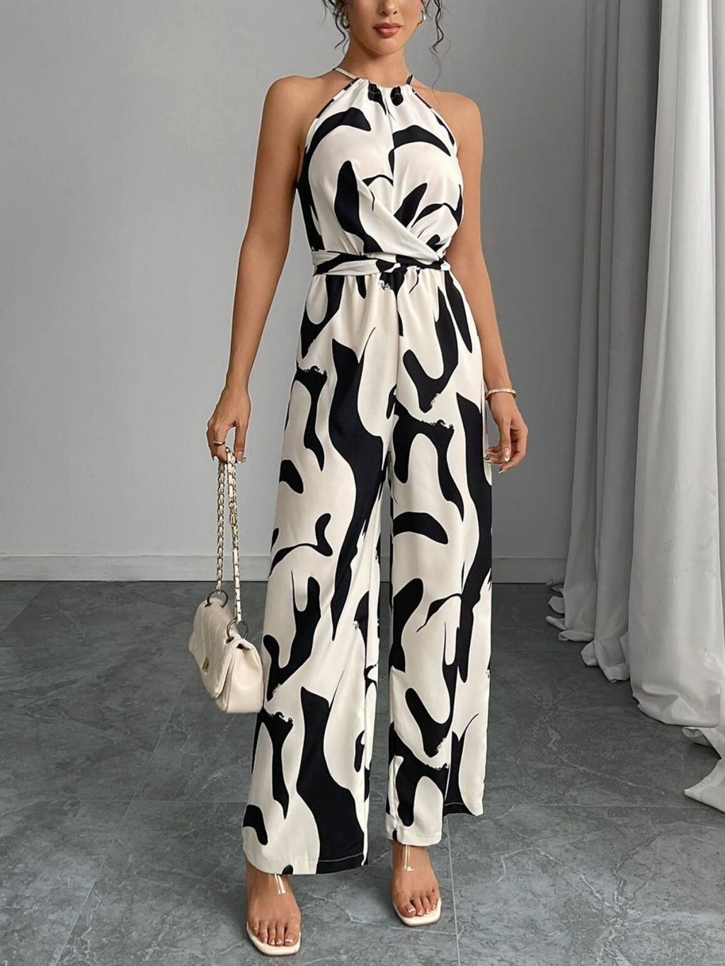 Abstract print wide leg jumpsuit, front view