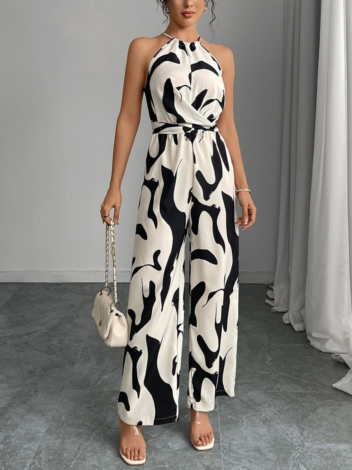 Abstract print wide leg jumpsuit, front view
