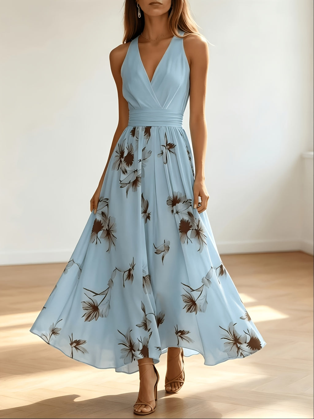 Shirred Geometric Print V-Neck Midi Dress