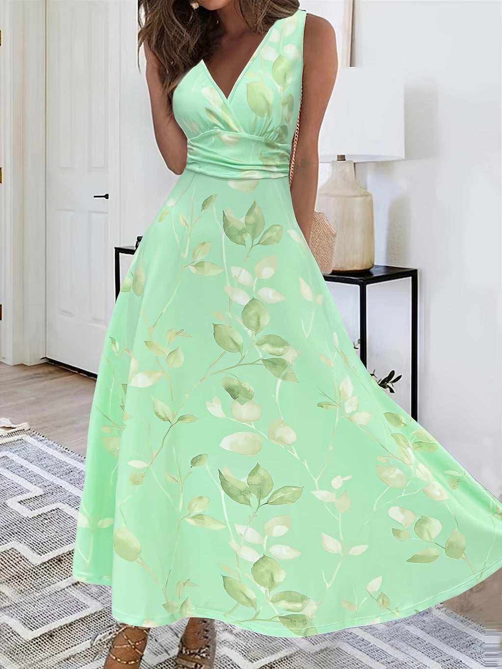 Short Sleeve Printed Floral Summer Midi Dress in Matcha, side view