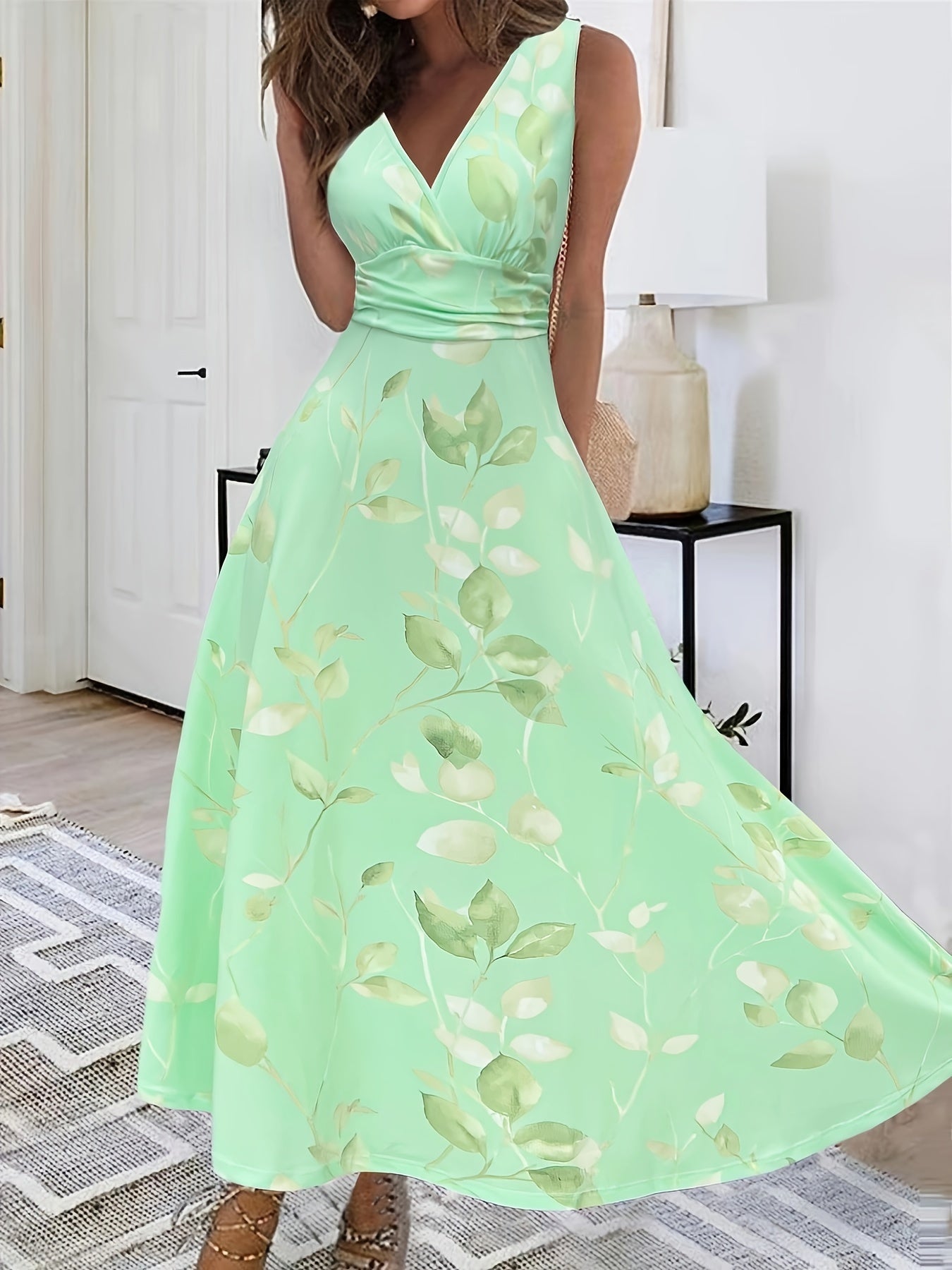 Short Sleeve Printed Floral Summer Midi Dress in Matcha, side view