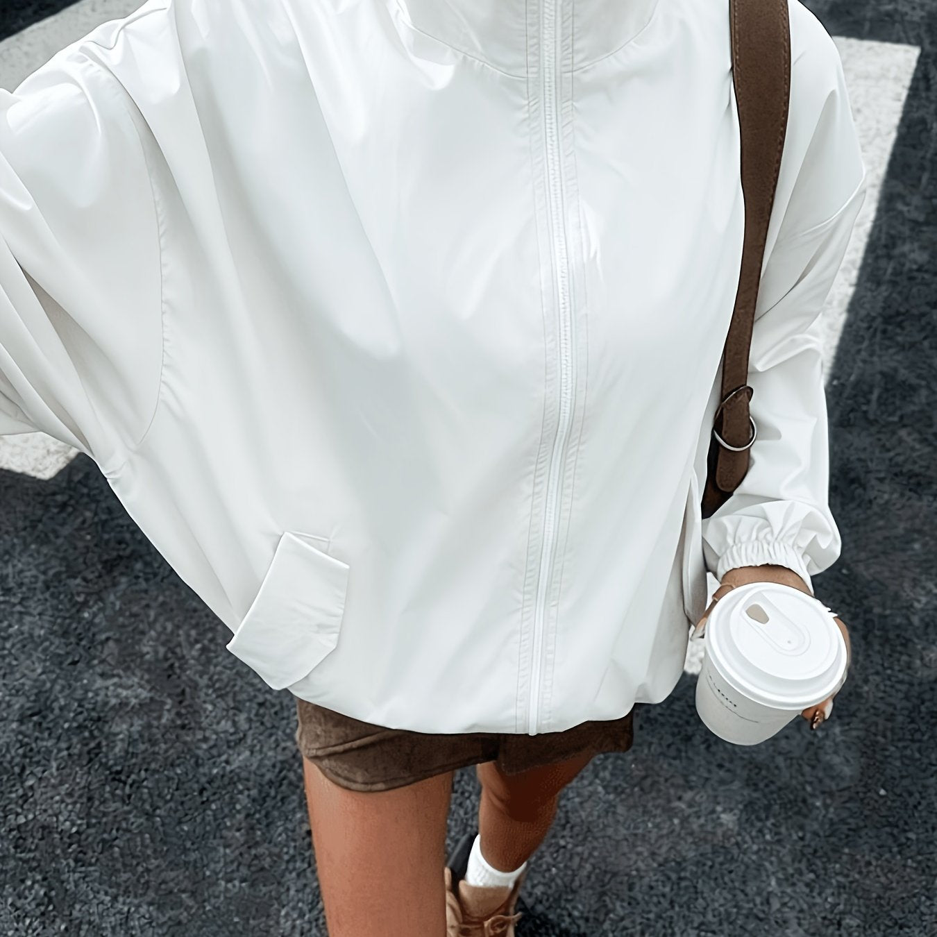 White drawstring windbreaker jacket