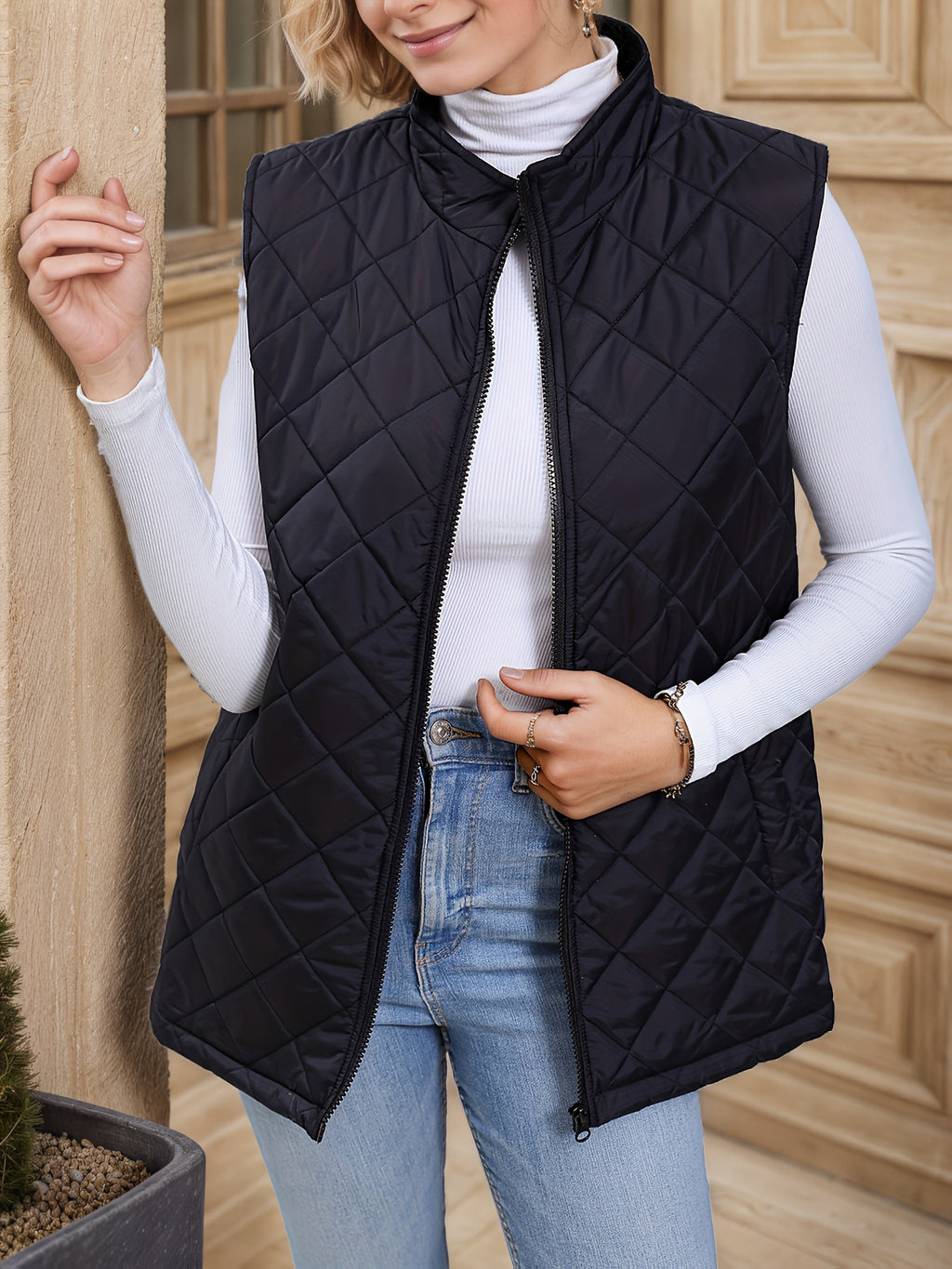 Black diamond-quilted longline Jacket