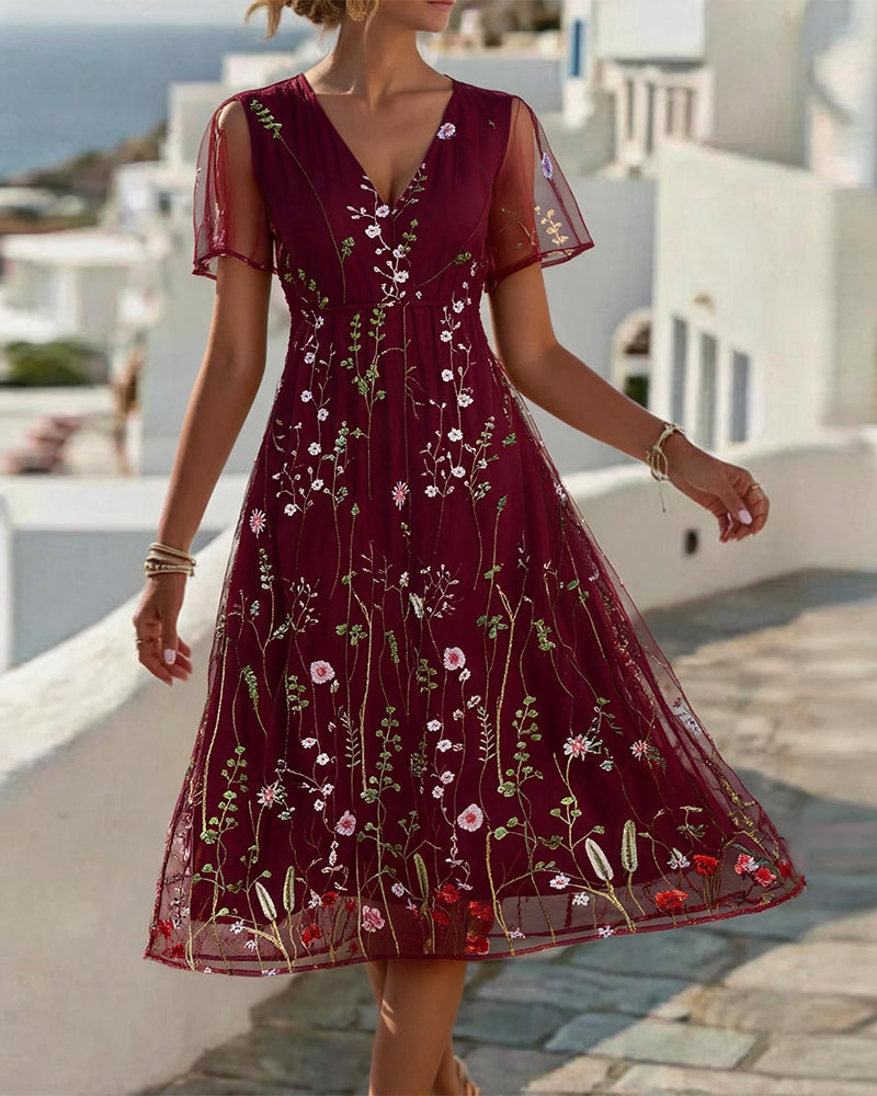 Sheer floral V-neck full skirt midi dress, front view