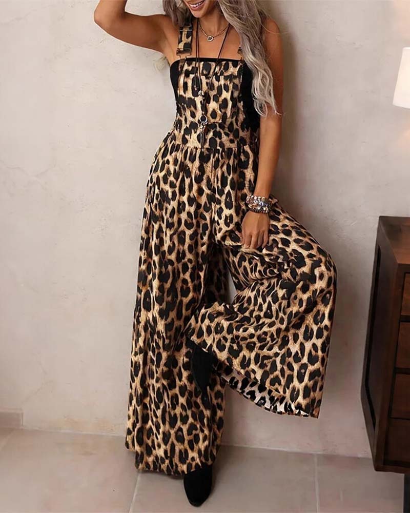 Brown Leopard Print High-Waist Wide-Leg Jumpsuit