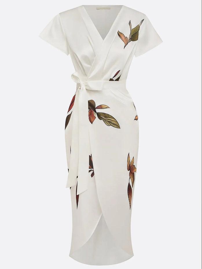 Women's floral leaf print wedding guest maxi dress, three-quarter view