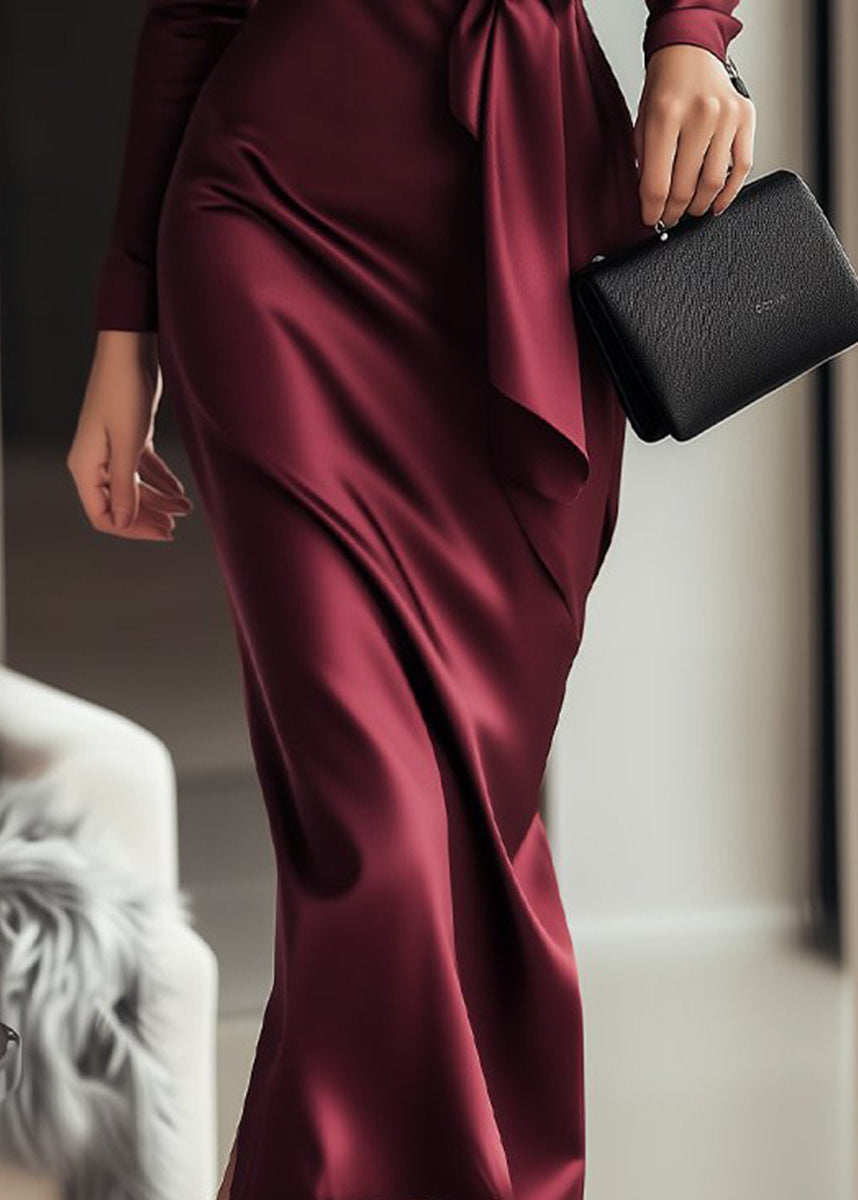 Women's satin wrap dress with waist tie, back view