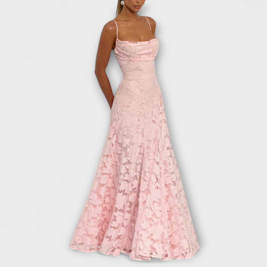 Women's elegant white 3D floral lace maxi dress, back view