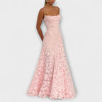 Women's elegant white 3D floral lace maxi dress, back view