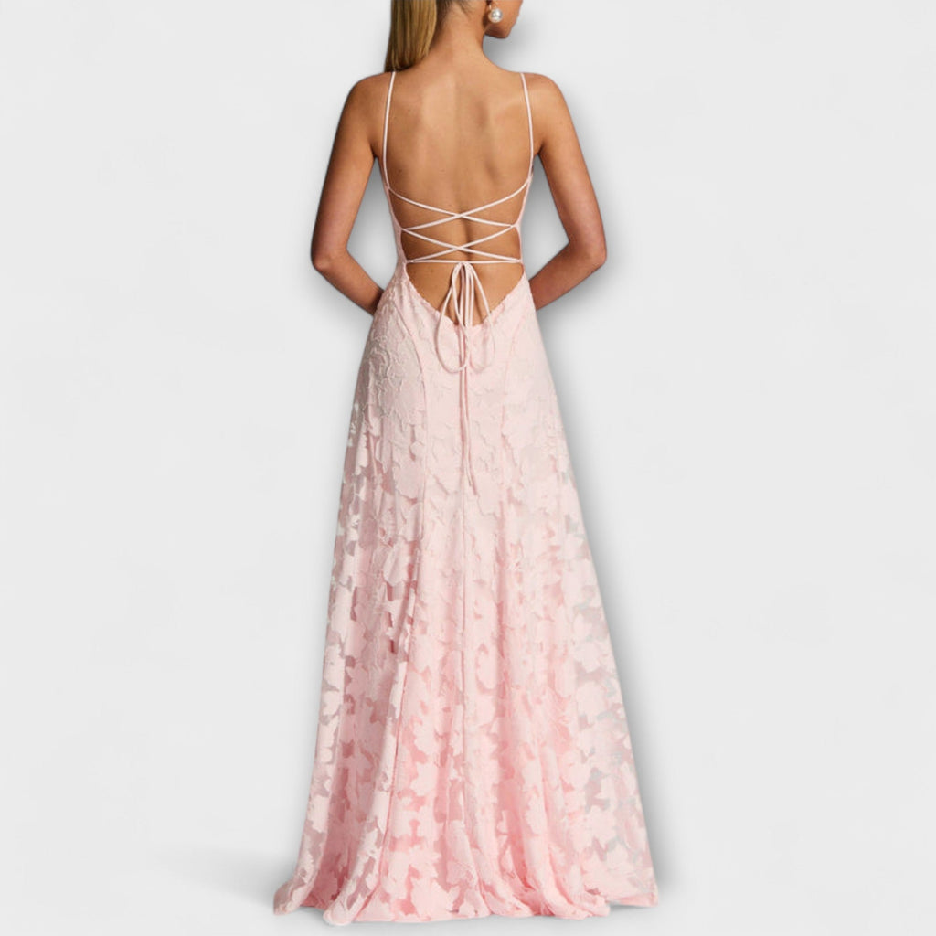 Women's floral lace maxi dress styled for a garden party or beach wedding