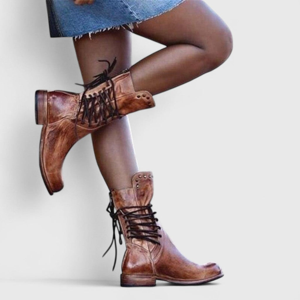 Black Lace-Up Studded Mid-Calf Boots | Alba Muse