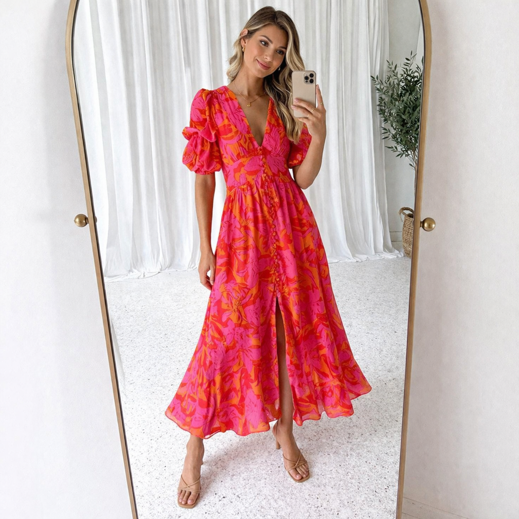 Romantic puff sleeve maxi dress, lifestyle view