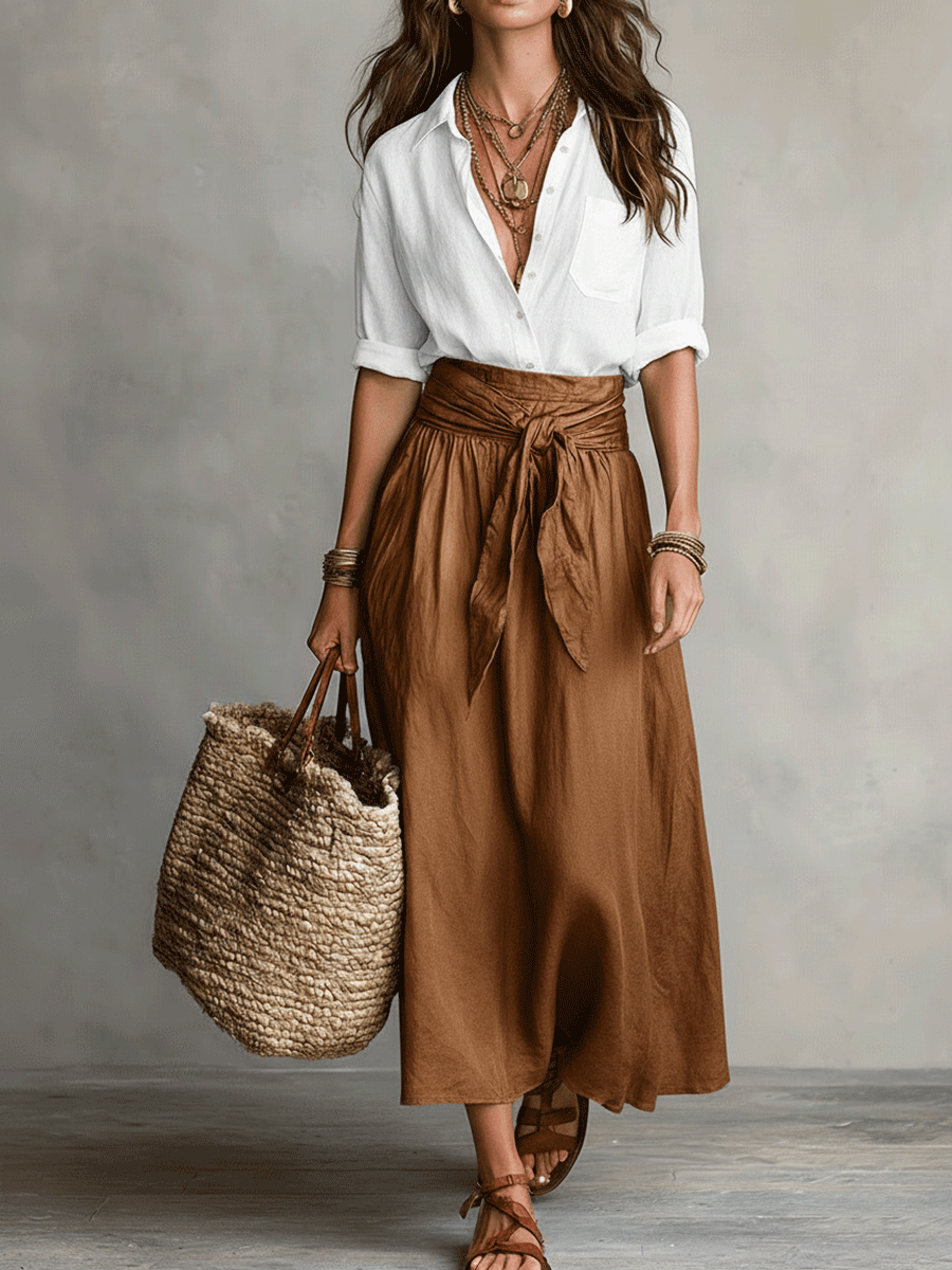 Boho flowy skirt set in blue, full length view