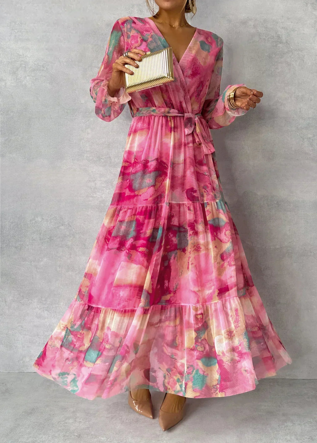 Women's floral pleated belted maxi dress, front view on model