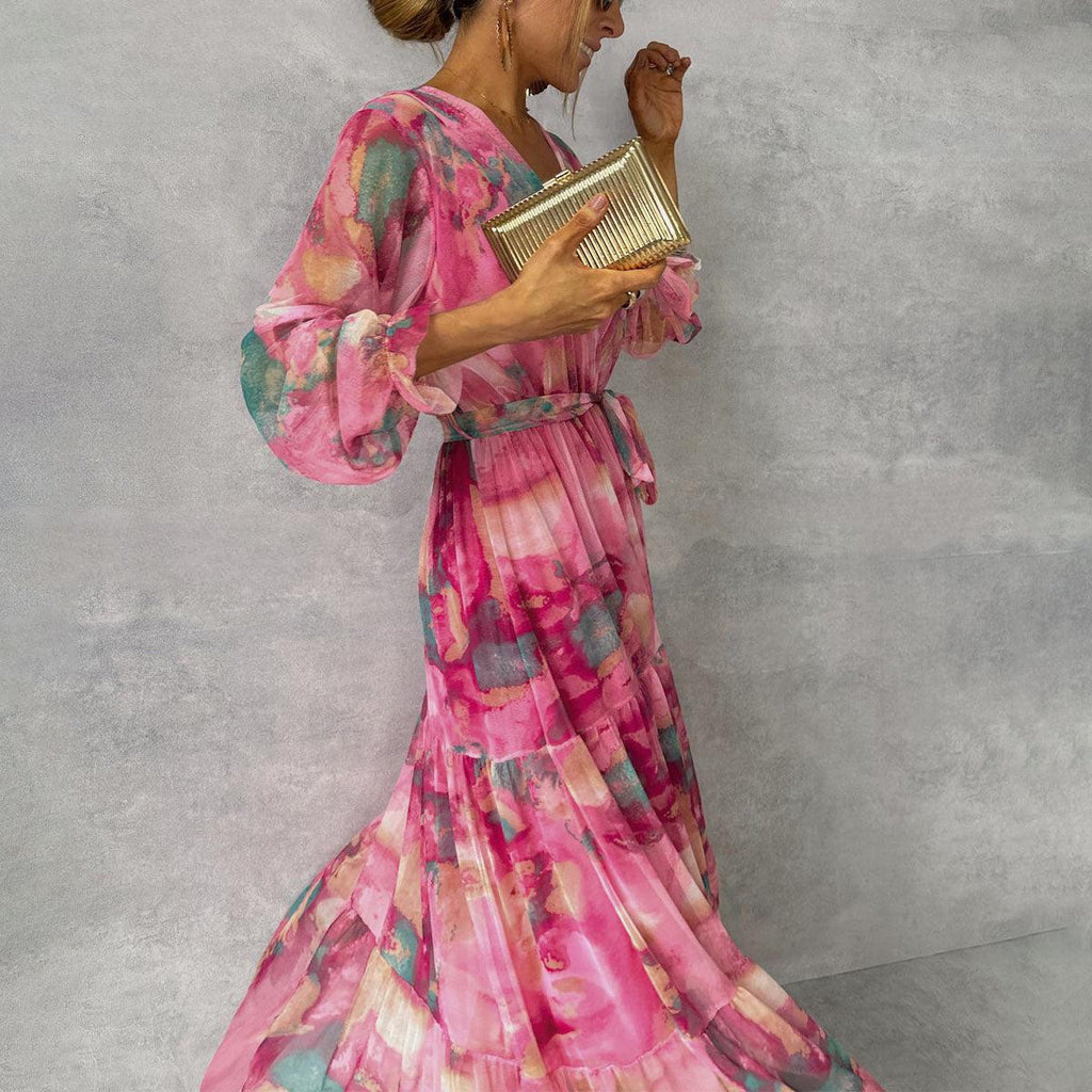 Women's wedding guest floral pleated belted maxi dress, full length product shot
