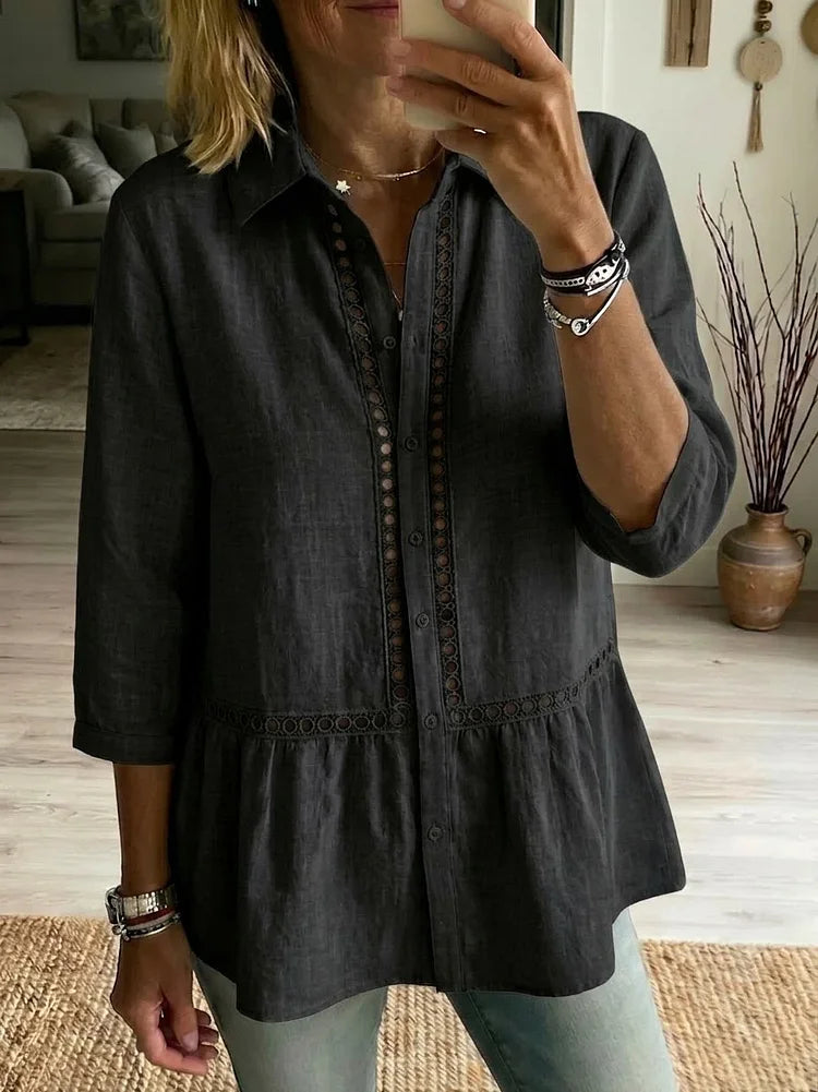 Openwork linen shirt in white, artisan patchwork boho detail | Alba Muse