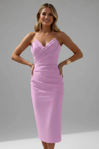 Women's ruched midi dress walking view structured bodice