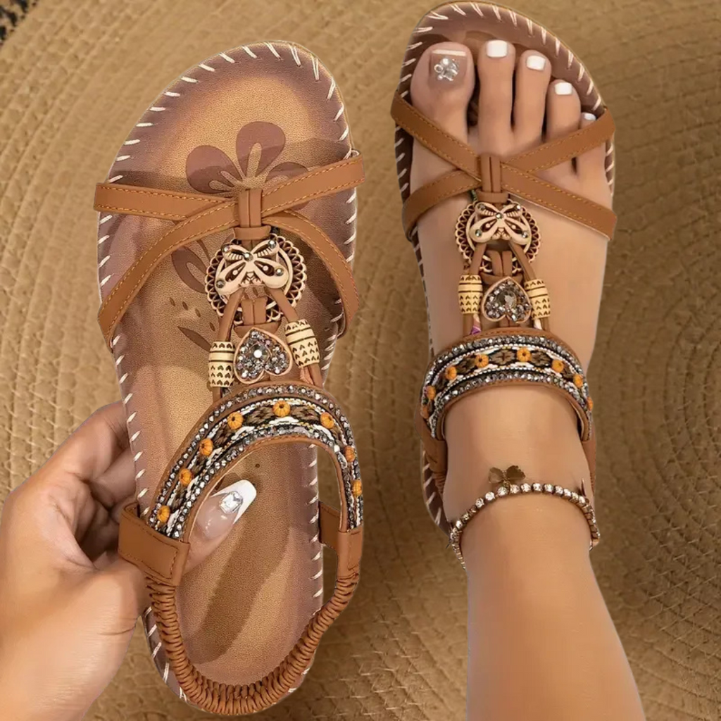Pearl elastic strap sandals with cushioned sole, three-quarter view