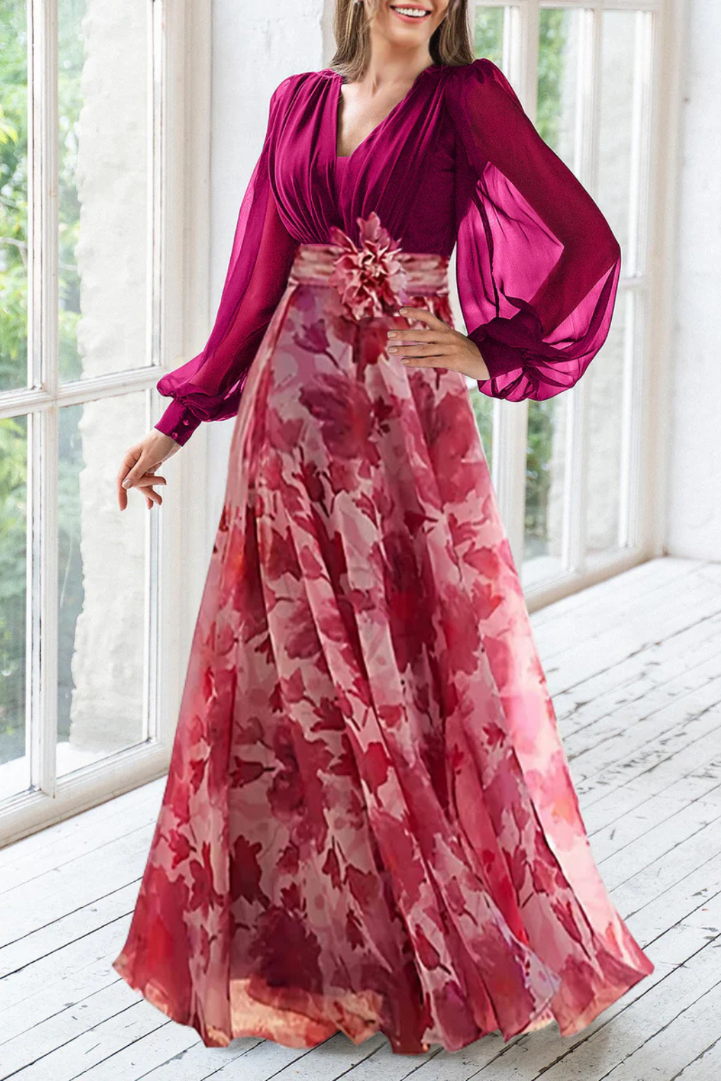 Side view of women's balloon sleeve wedding guest maxi dress