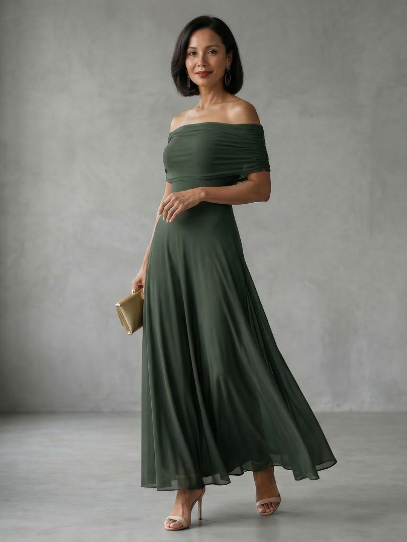 Off-shoulder draped midi dress, flowing skirt view