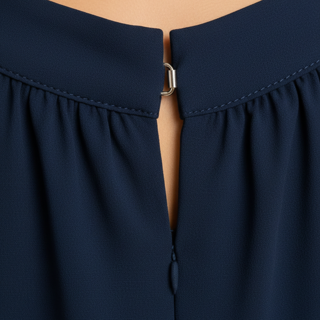 Close-up of halter neckline and layered skirt detail