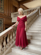 Off-shoulder occasion midi dress in soft fabric, lifestyle shot
