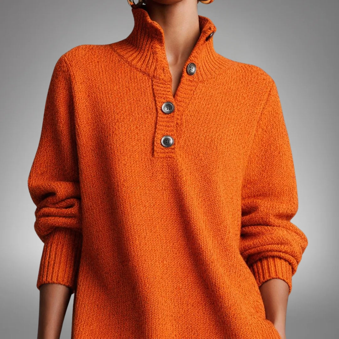 High Neck Button Collar Midi Dress