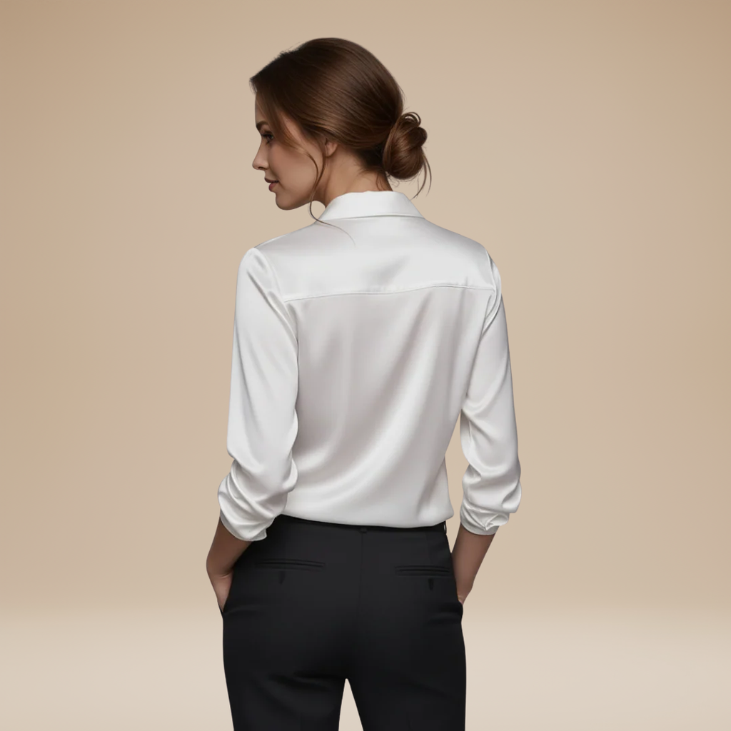 Satin V-neck blouse in white – back view