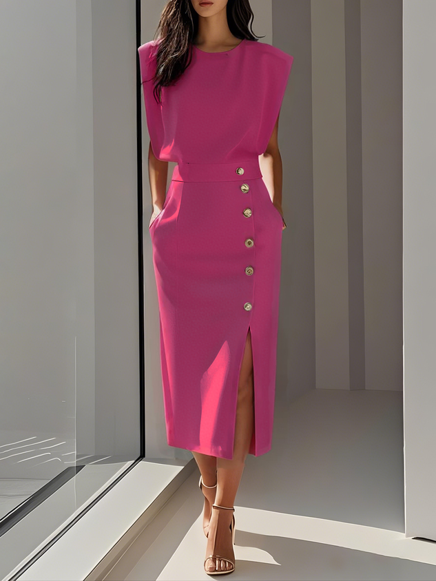 Solid Midi Dress with Button Slit