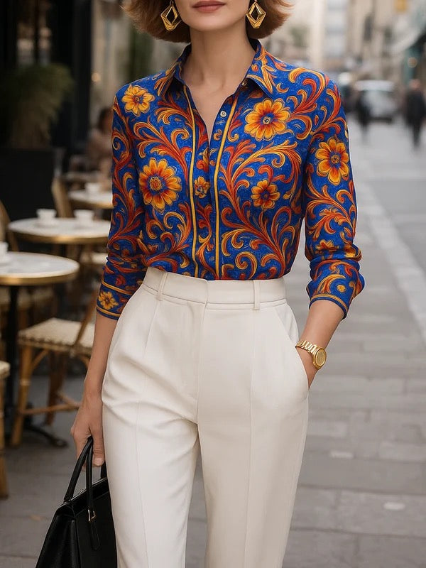 Flower Print Lapel Buttoned Blouse