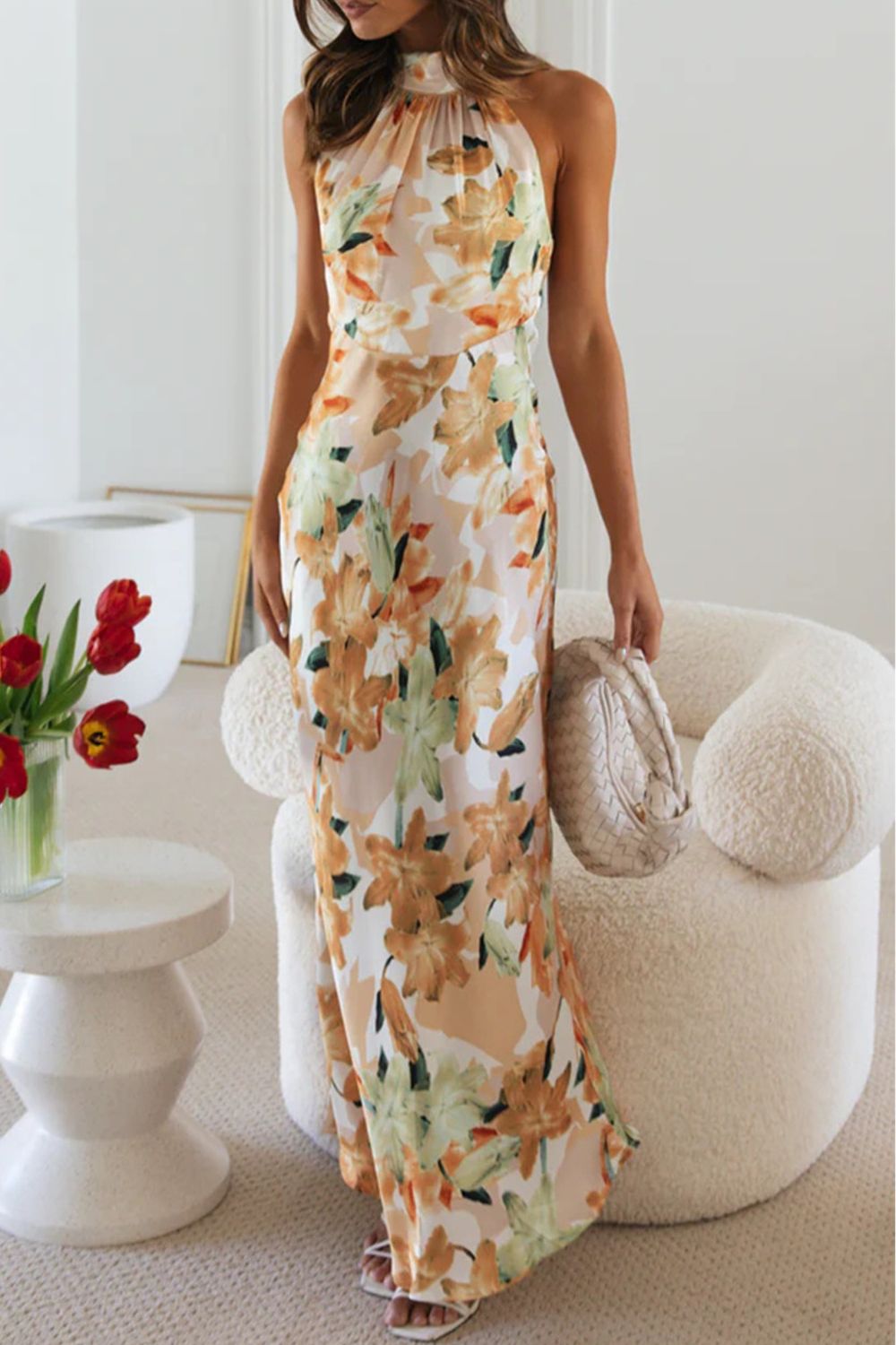 Floral Print Halter Neck Maxi Dress with Slit – Wedding Guest