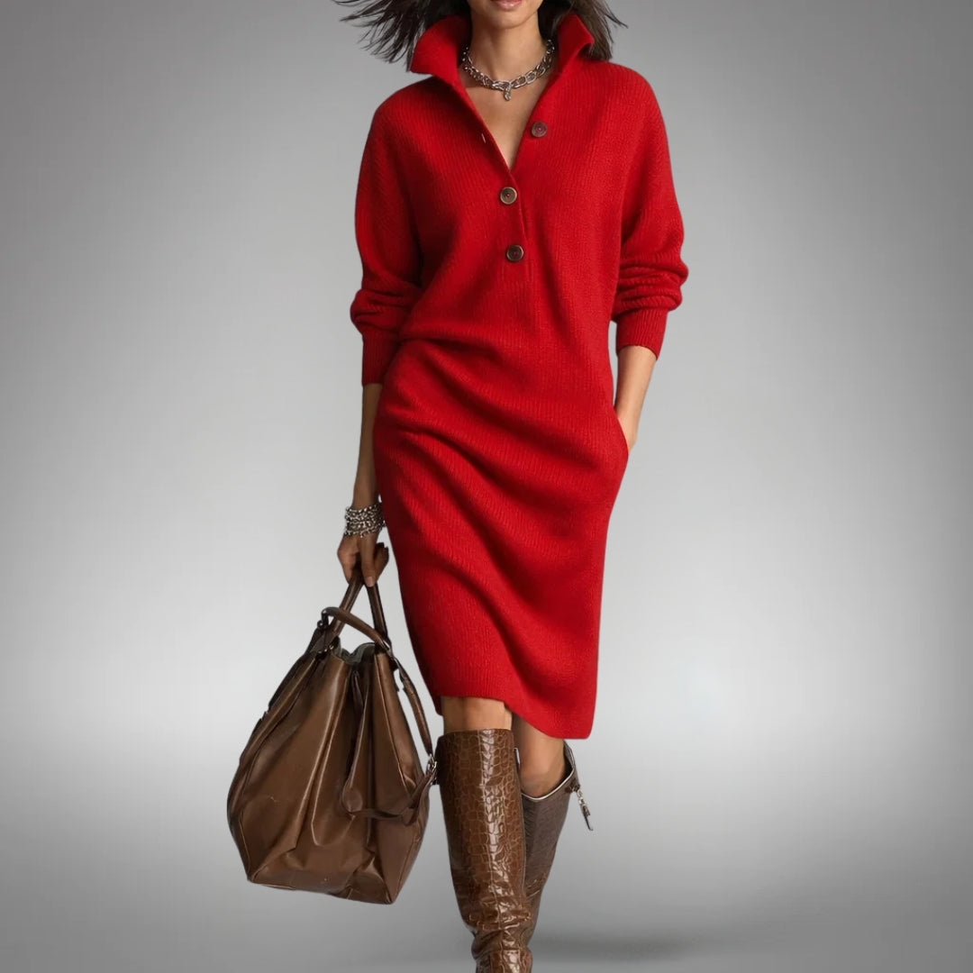High Neck Button Collar Midi Dress