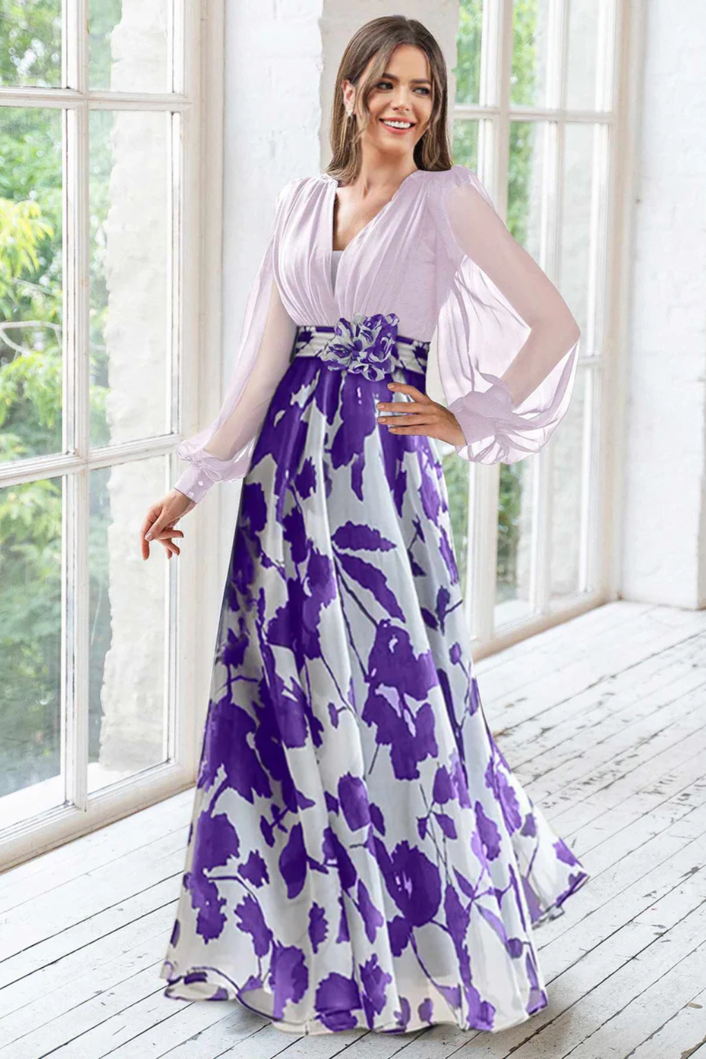 Women's wedding guest floral balloon sleeve maxi dress styled