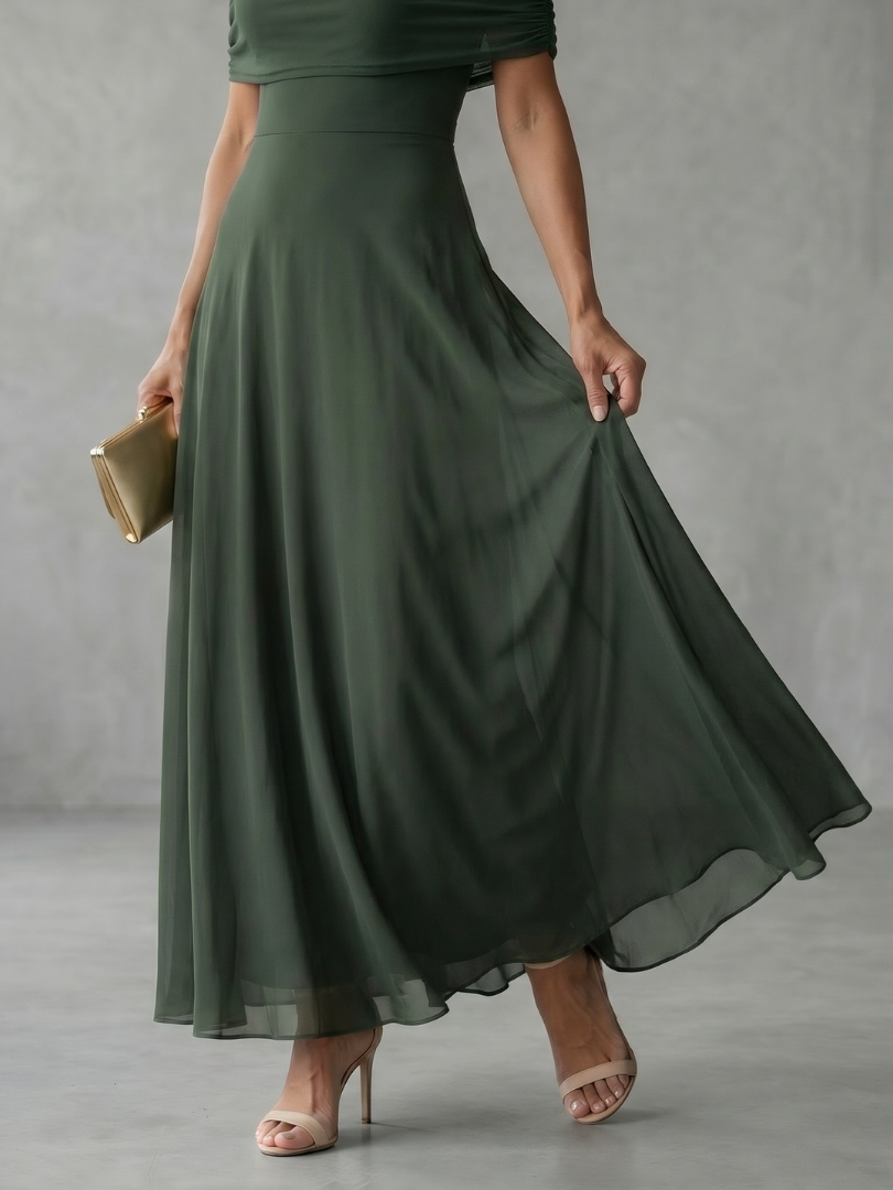 Off-shoulder draped midi dress, lifestyle view